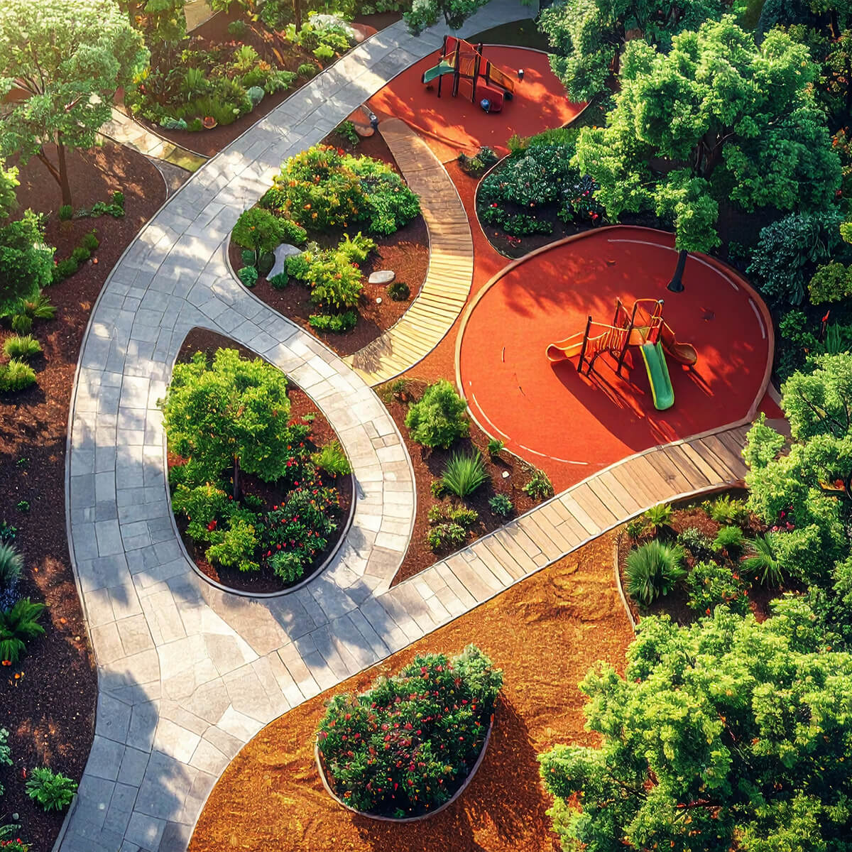 landscape design including PIP poured in place rubber and rubber mulch as seen from above